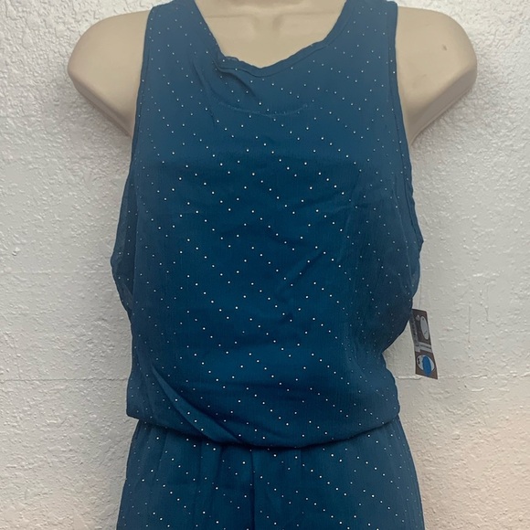 Ambiance Women's Dress Sheer Layer Cinch Waist Sleeveless Short Teal Gold - Picture 3 of 8